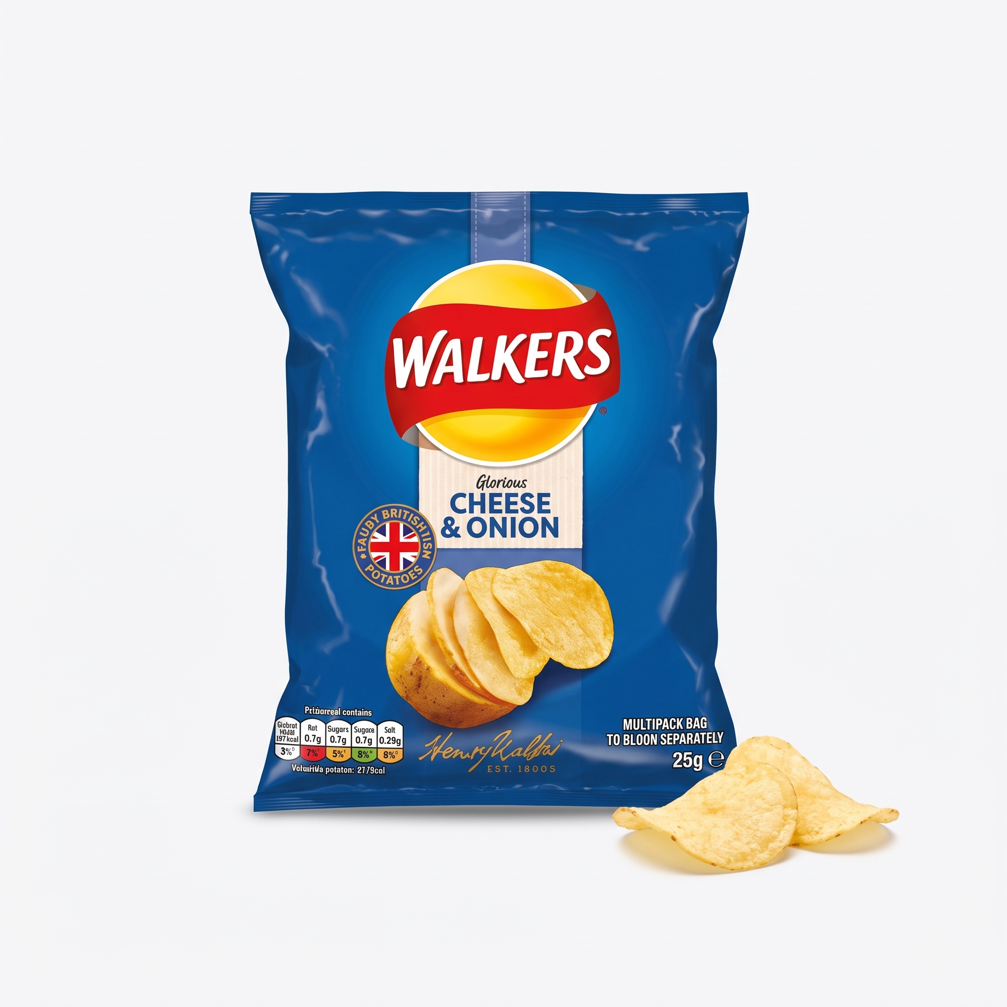 Walkers Cheese & Onion potato chips.